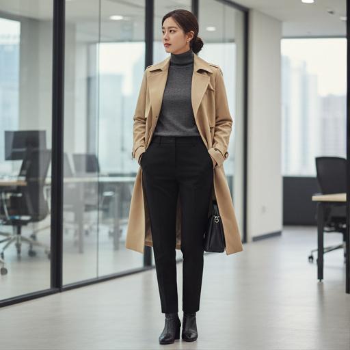 Trenchcoat over moderne kantooroutfit
