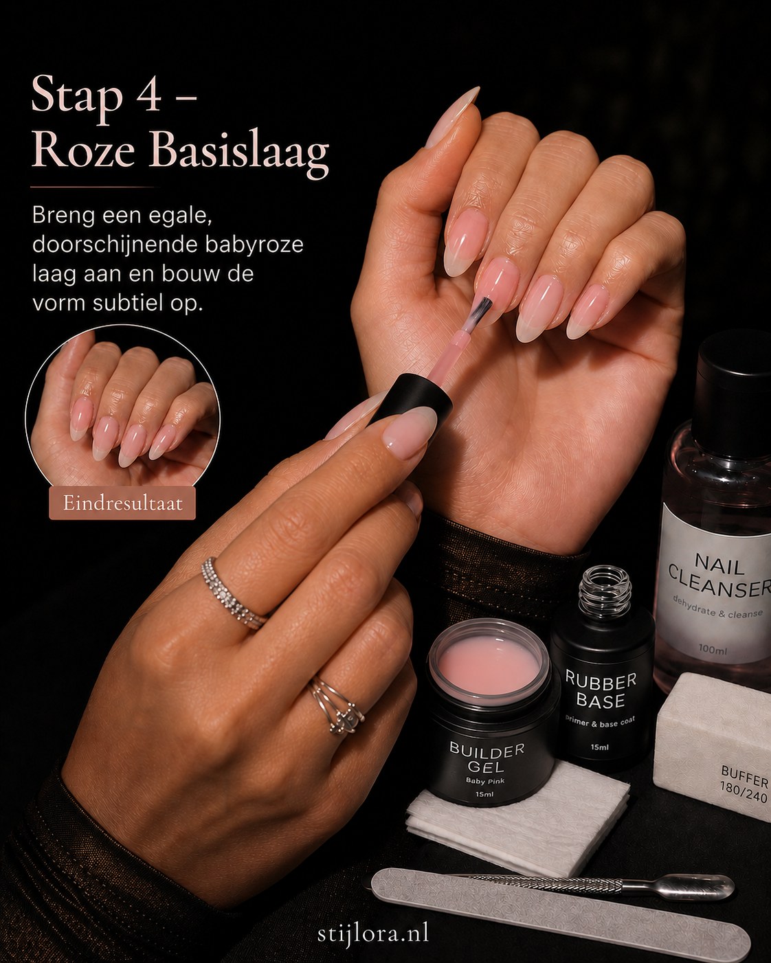 Doorschijnende babyroze builder gel bouwt de amandelvorm subtiel op tijdens het gelnagels zetten
