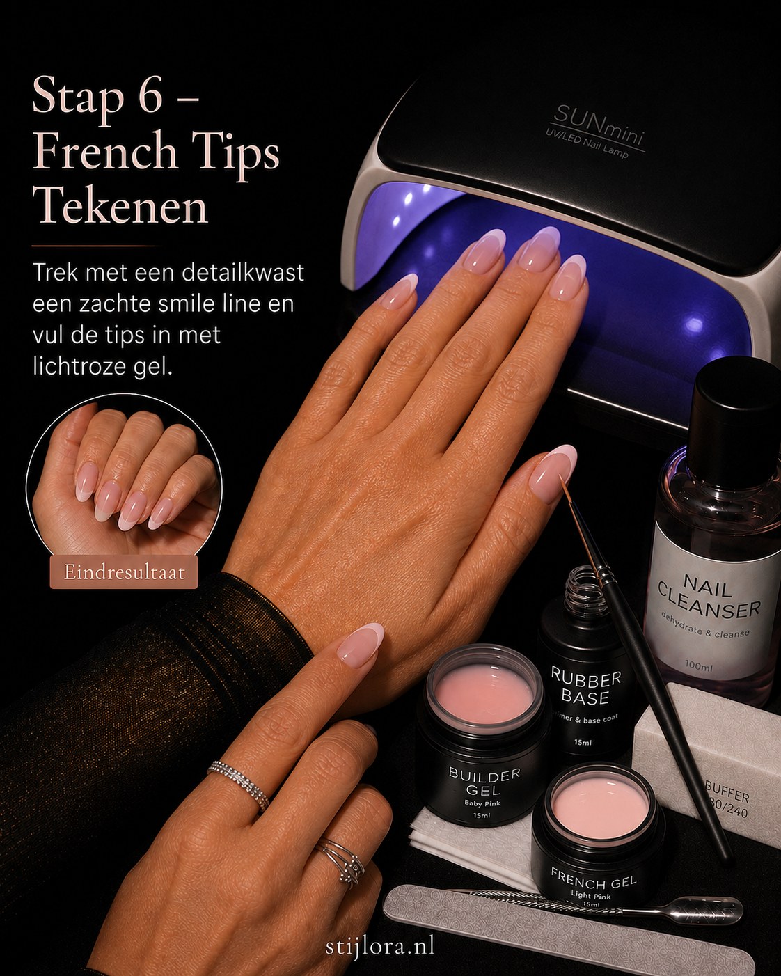 Detailkwast tekent een zachte smile line voor klassieke baby roze amandel Franse tips