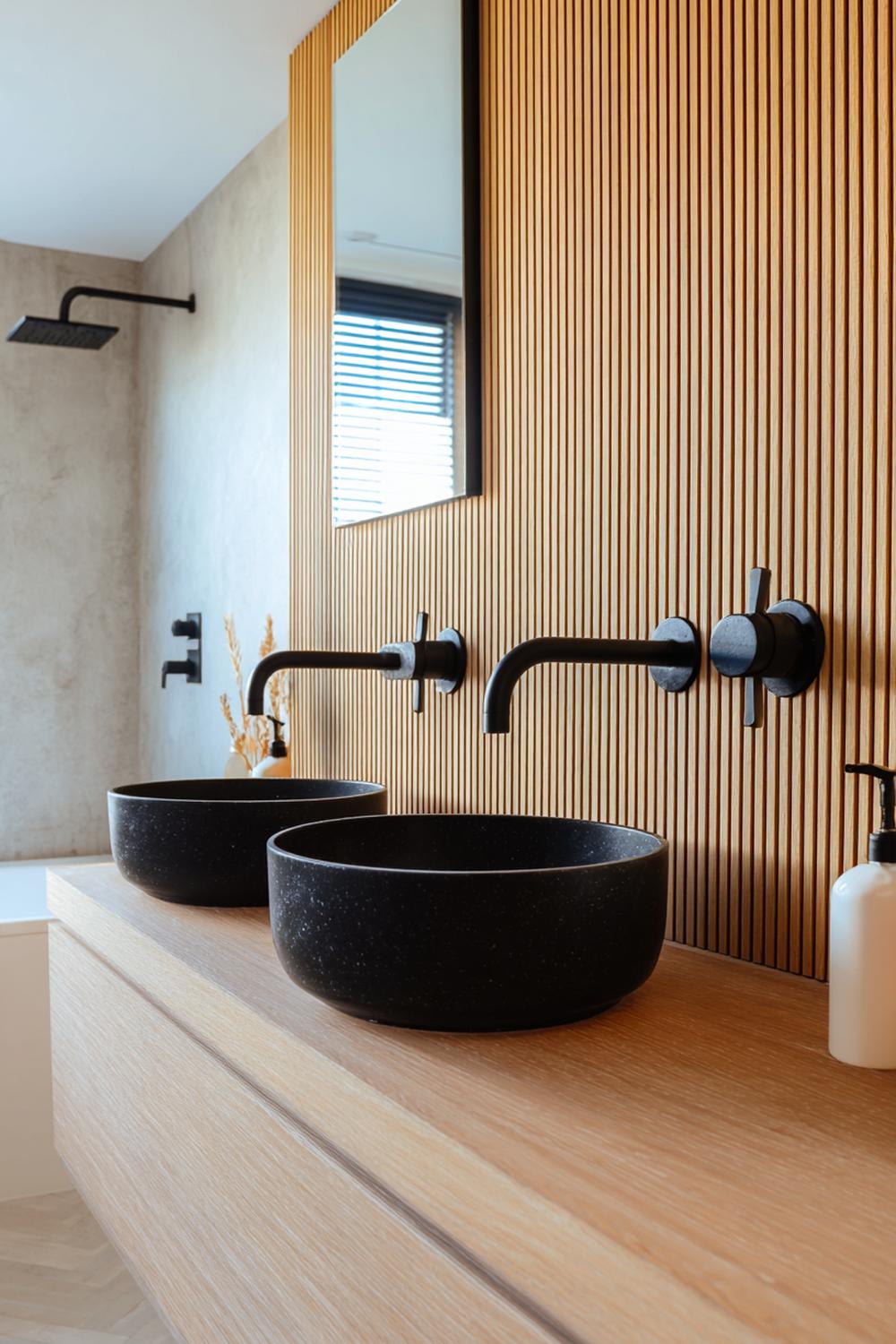1. Badkamer inspiratie: Japandi houtlatwand met matte zwarte kranen