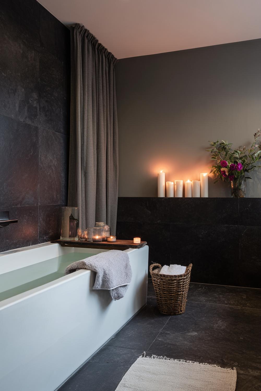 7. Badkamer inspiratie: donkere spa met antraciet tegels en kaarslicht
