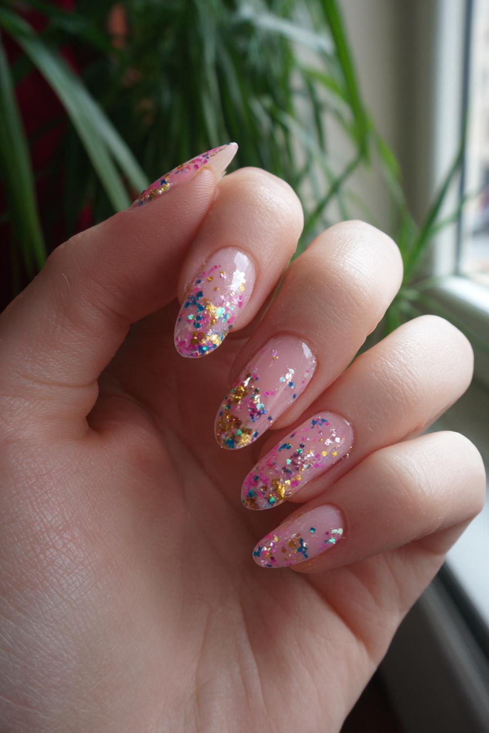 1. Carnaval nagels met confetti-glitter en transparante basis