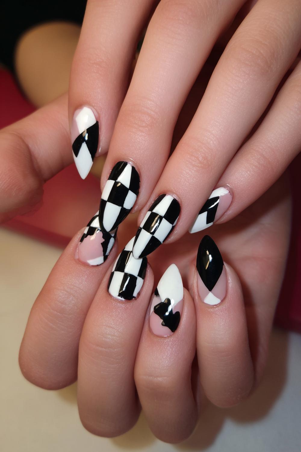 3. Carnaval nagels met harlekijn-ruit en zwarte contourlijnen