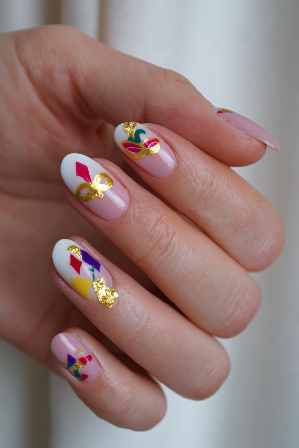 4. Carnaval nagels met mini-maskerillustraties en goudfolie accenten