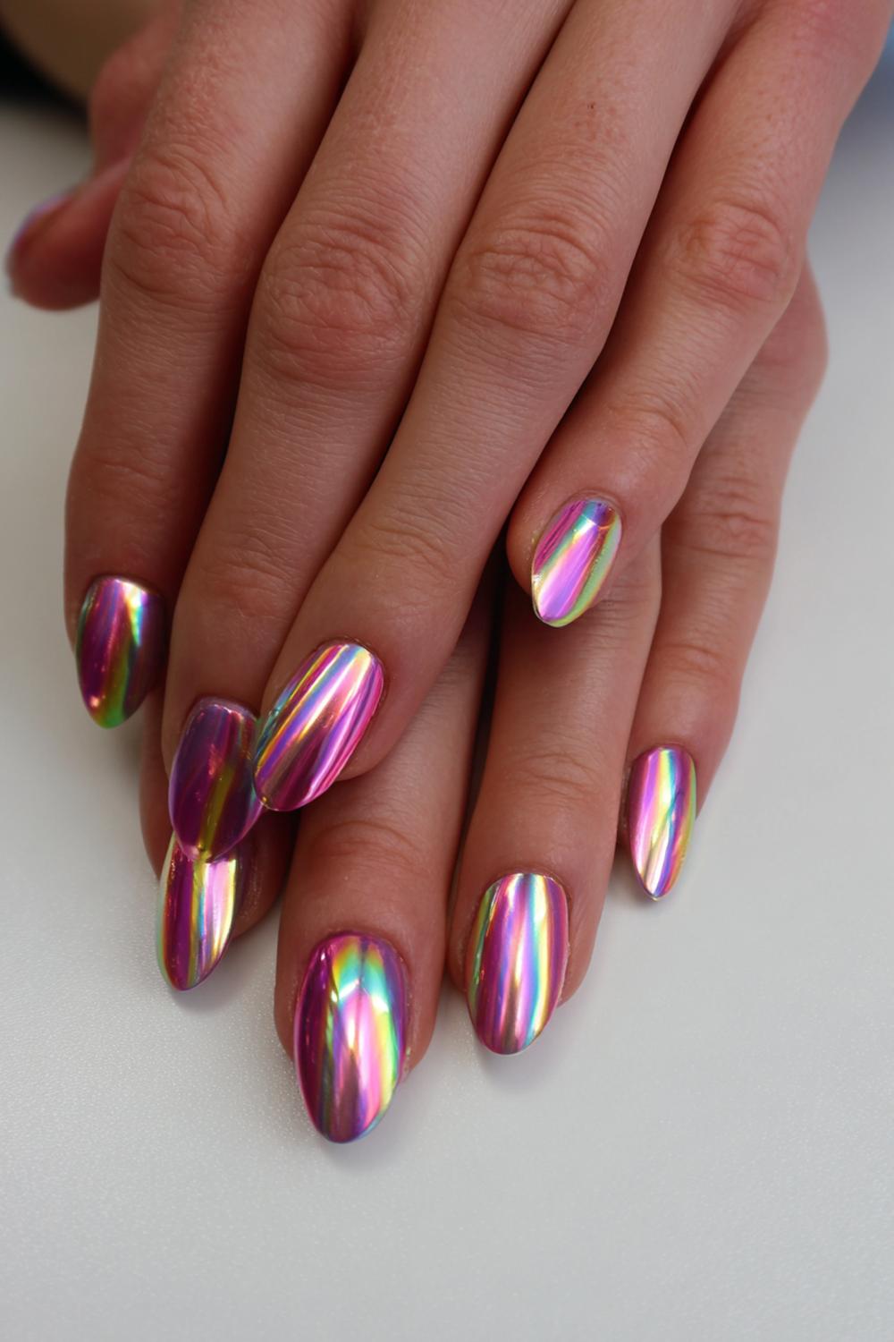 6. Carnaval nagels met metallic chroom en regenboog reflectie
