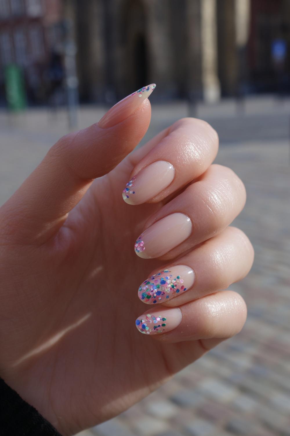 7. Carnaval nagels met confetti-franse rand en nude ondertoon