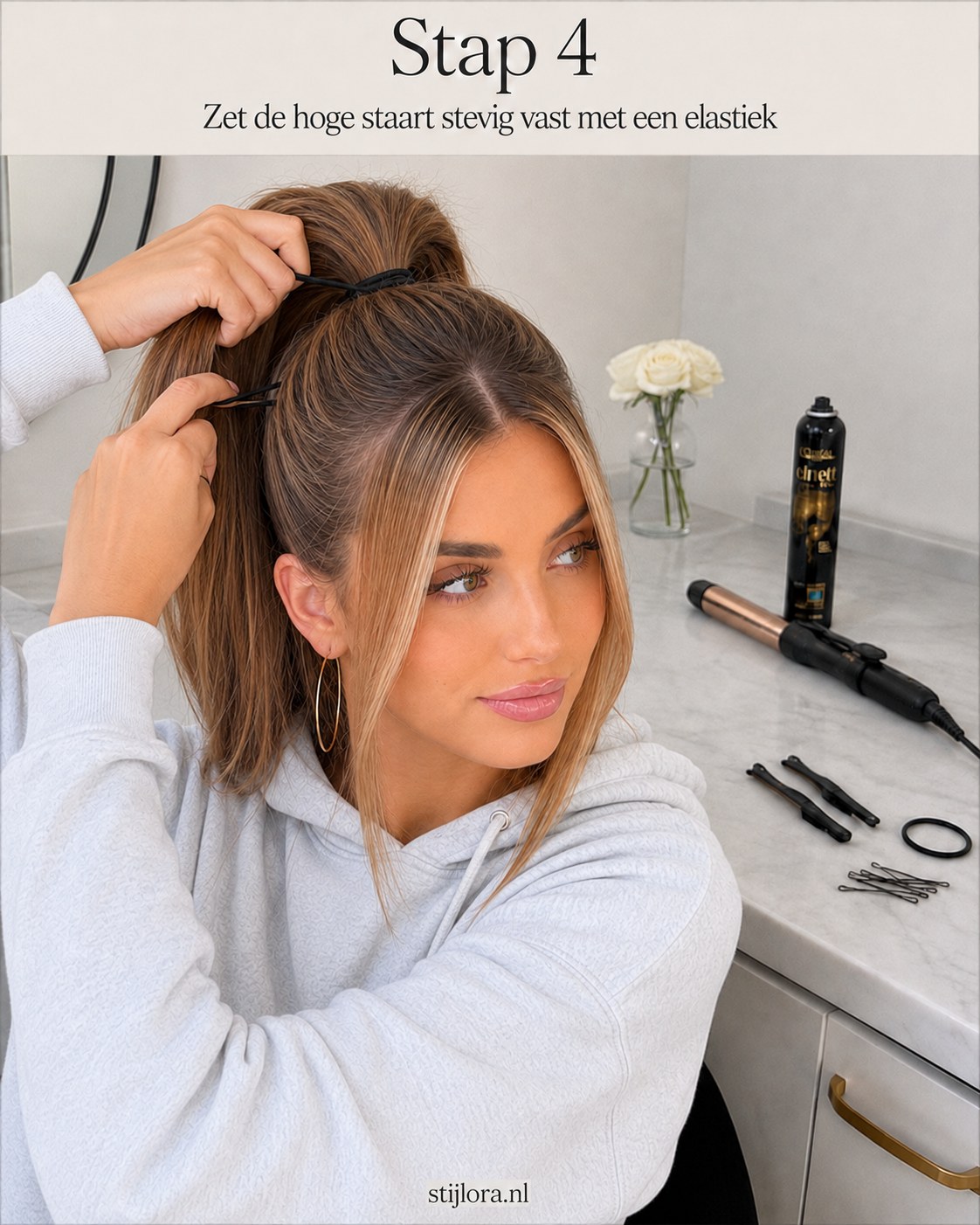 Hoge staart wordt stevig vastgezet met een elastiek als basis voor de curtain bangs look