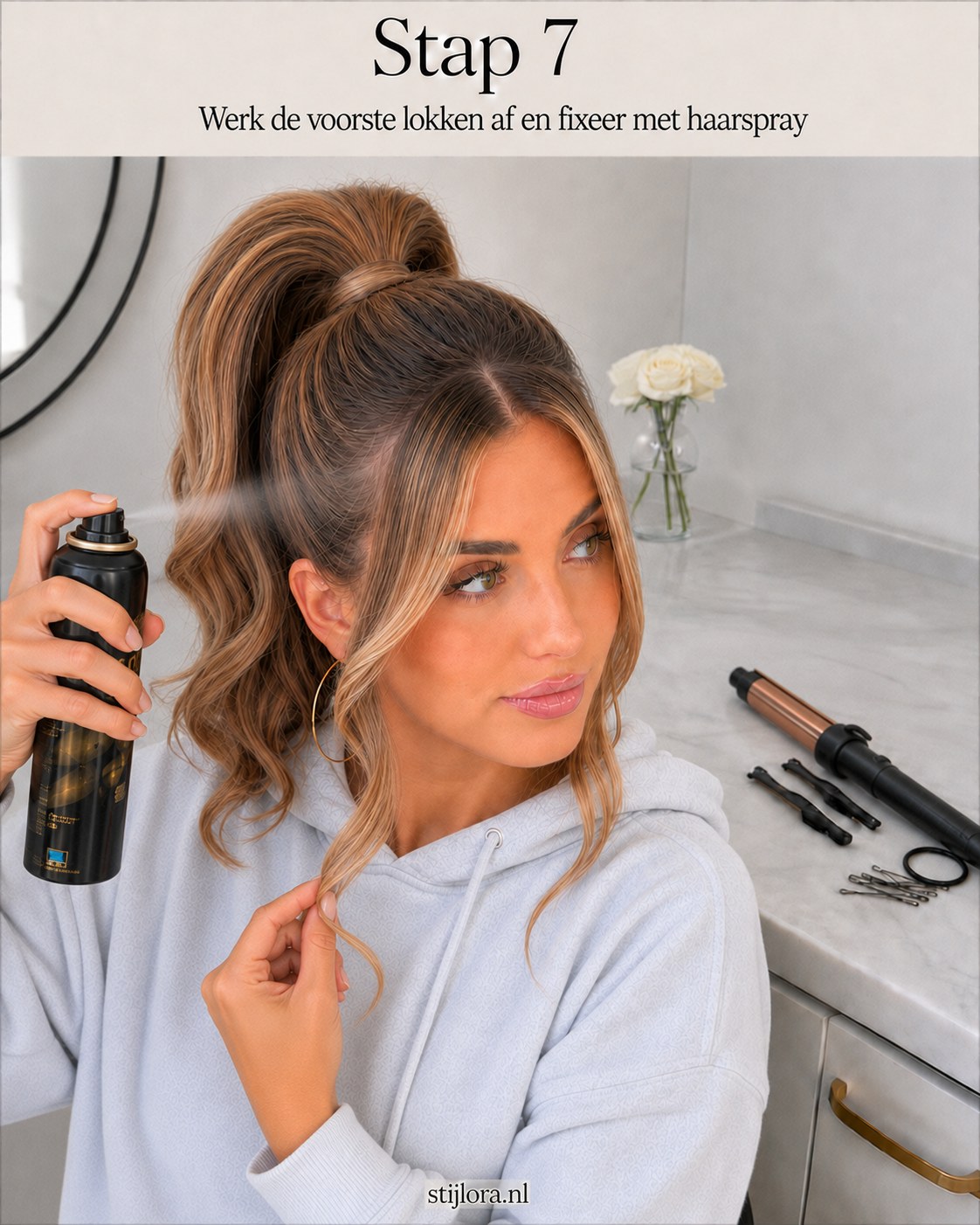 Haarspray fixeert de gekrulde voorlokken voor een blijvende curtain bangs styling