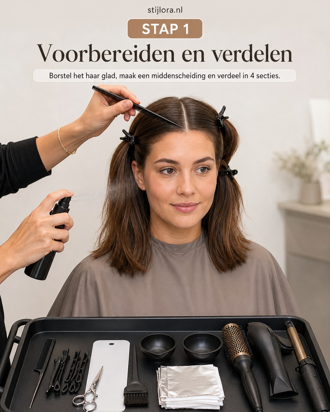 Haar geborsteld en verdeeld in vier secties als voorbereiding op een honey blonde lob met balayage