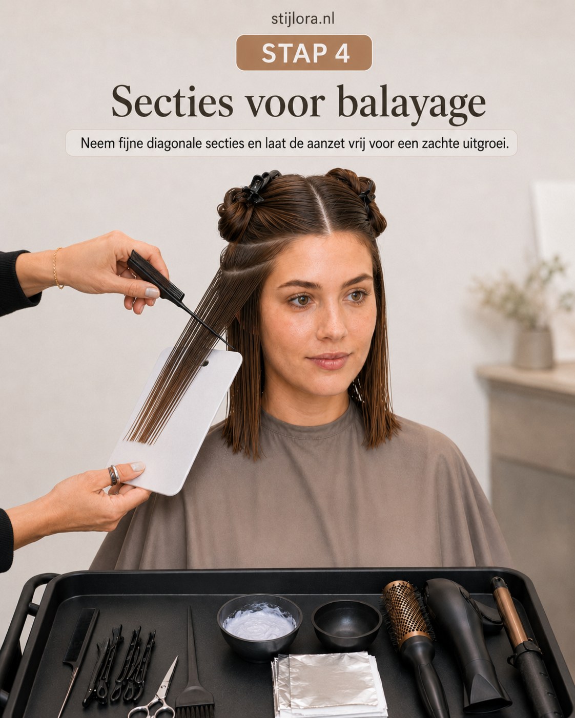 Fijne diagonale secties gemaakt met vrije aanzet voor een natuurlijke balayage