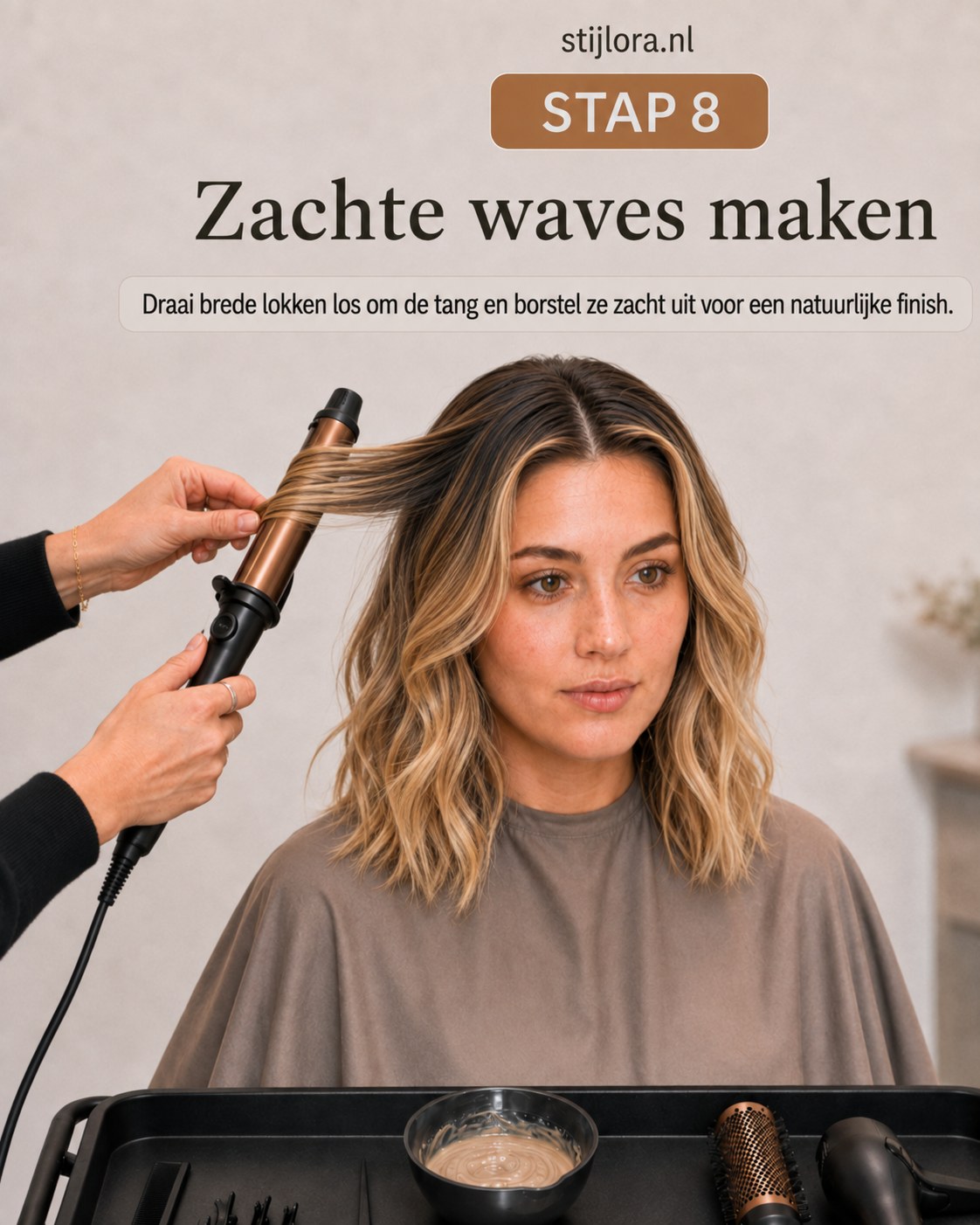 Zachte brede waves gedraaid met de krultang voor een natuurlijke finish