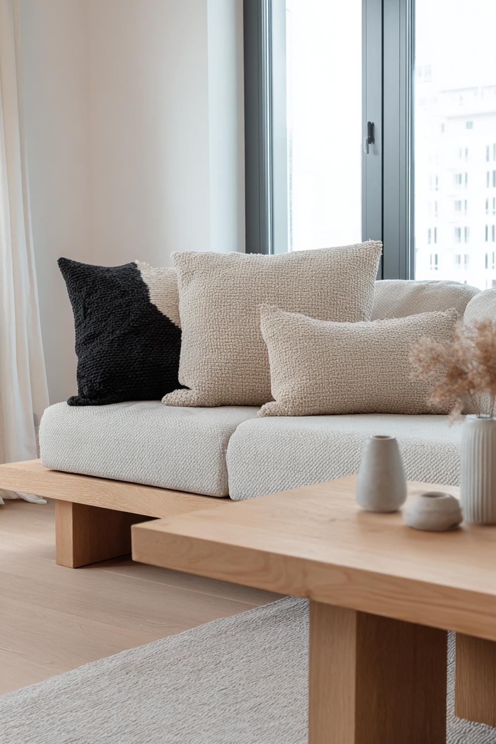 1. Japandi interiors met lage eiken bank en linnen kussens