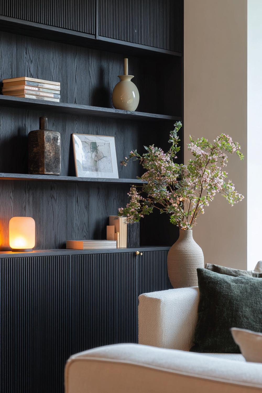10. Japandi interiors met zwarte houten lattenwand en zacht licht
