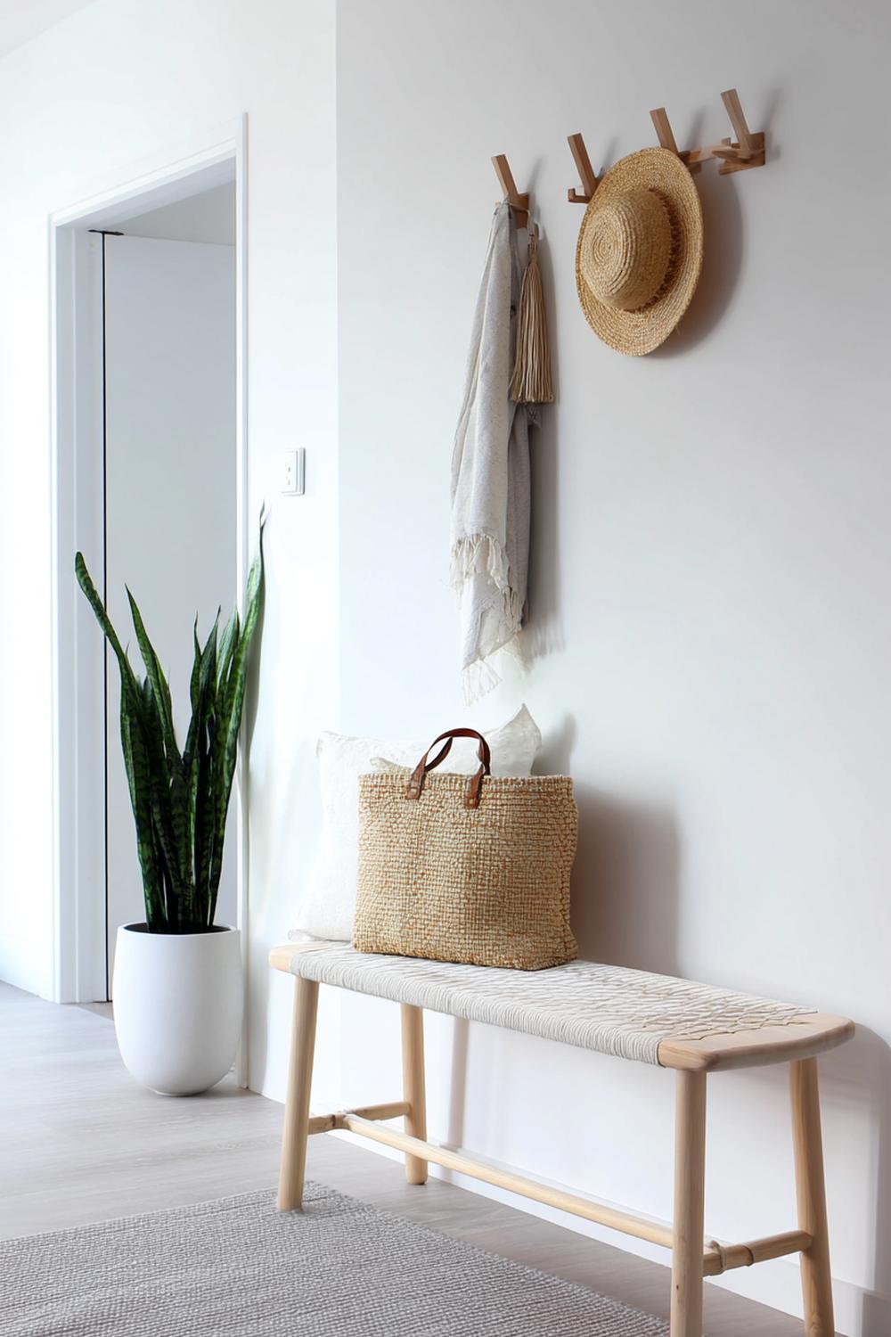 5. Japandi interiors met minimalistische entreebank en houten haken