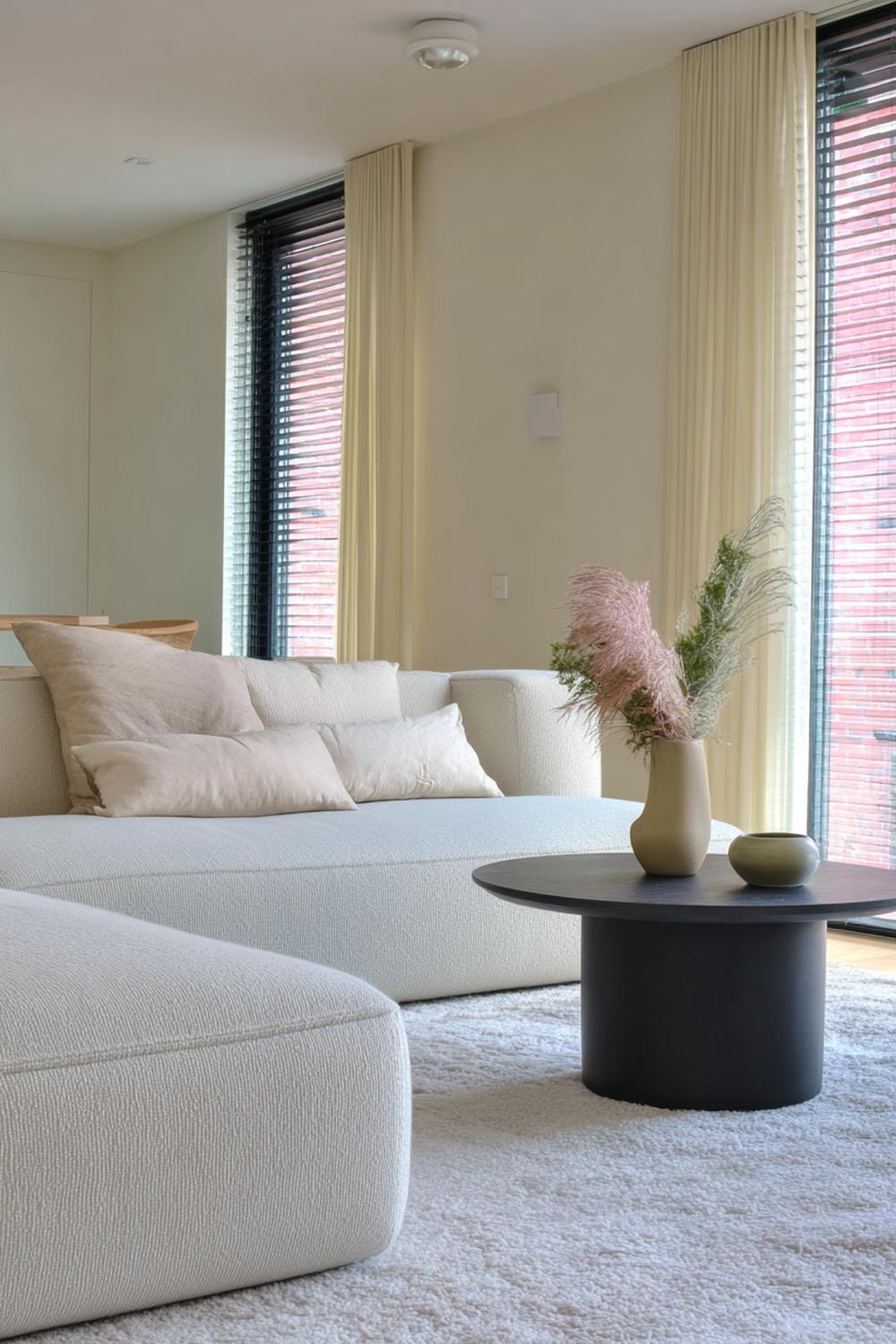 9. Japandi interiors met ton-sur-ton beige textiel en wolkleed