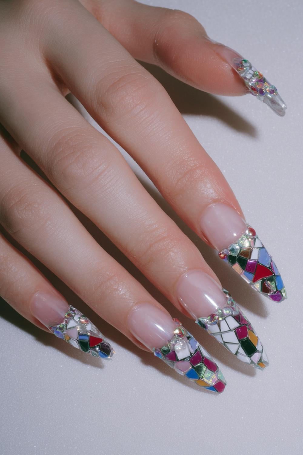 7. Jinx nails met gebroken glas mozaïek en transparante basis