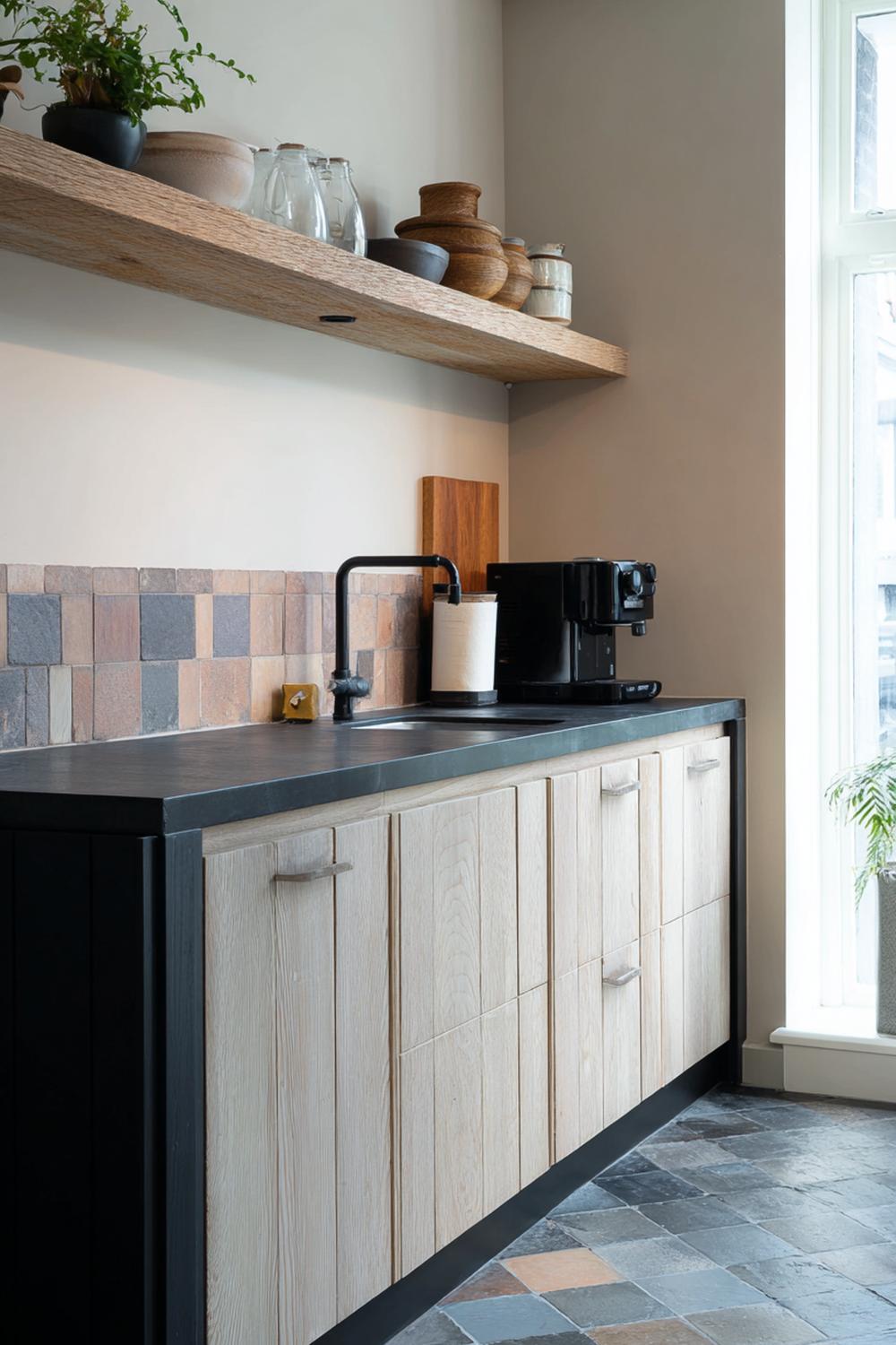 6. Keuken inspiratie met terracotta tegels en open houten planken