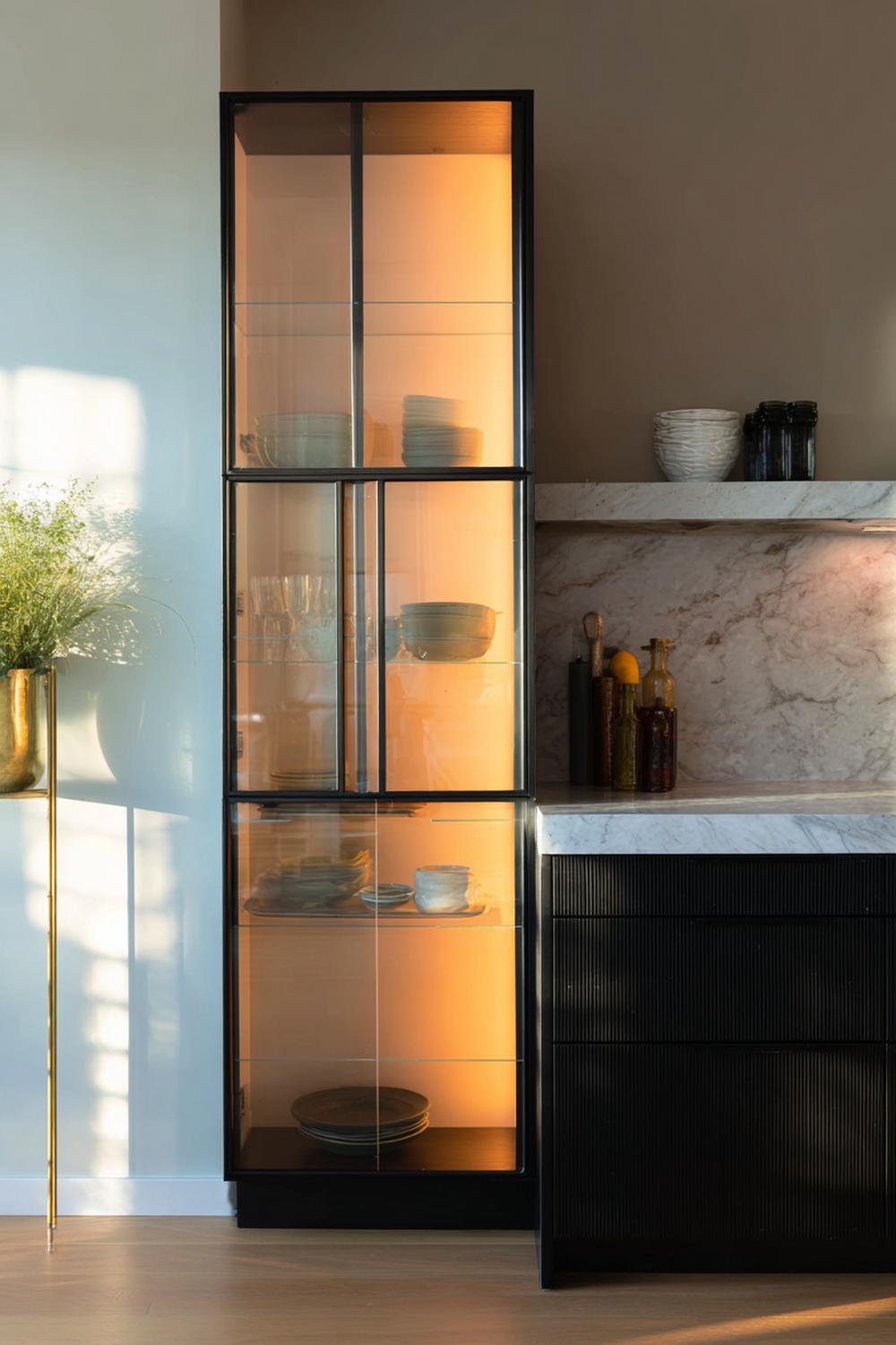 8. Keuken inspiratie met een glazen vitrinekast en warm licht