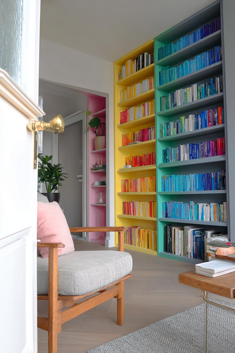 10. Kleurrijke woonkamers met regenboog boekenkast en neutrale zithoek