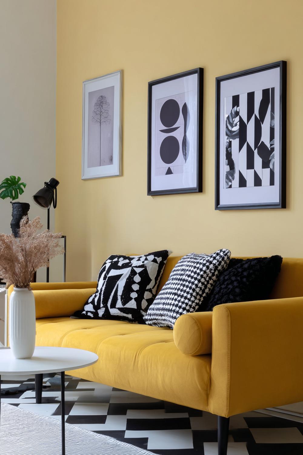4. Kleurrijke woonkamers met okergele bank en grafische zwart-wit posters