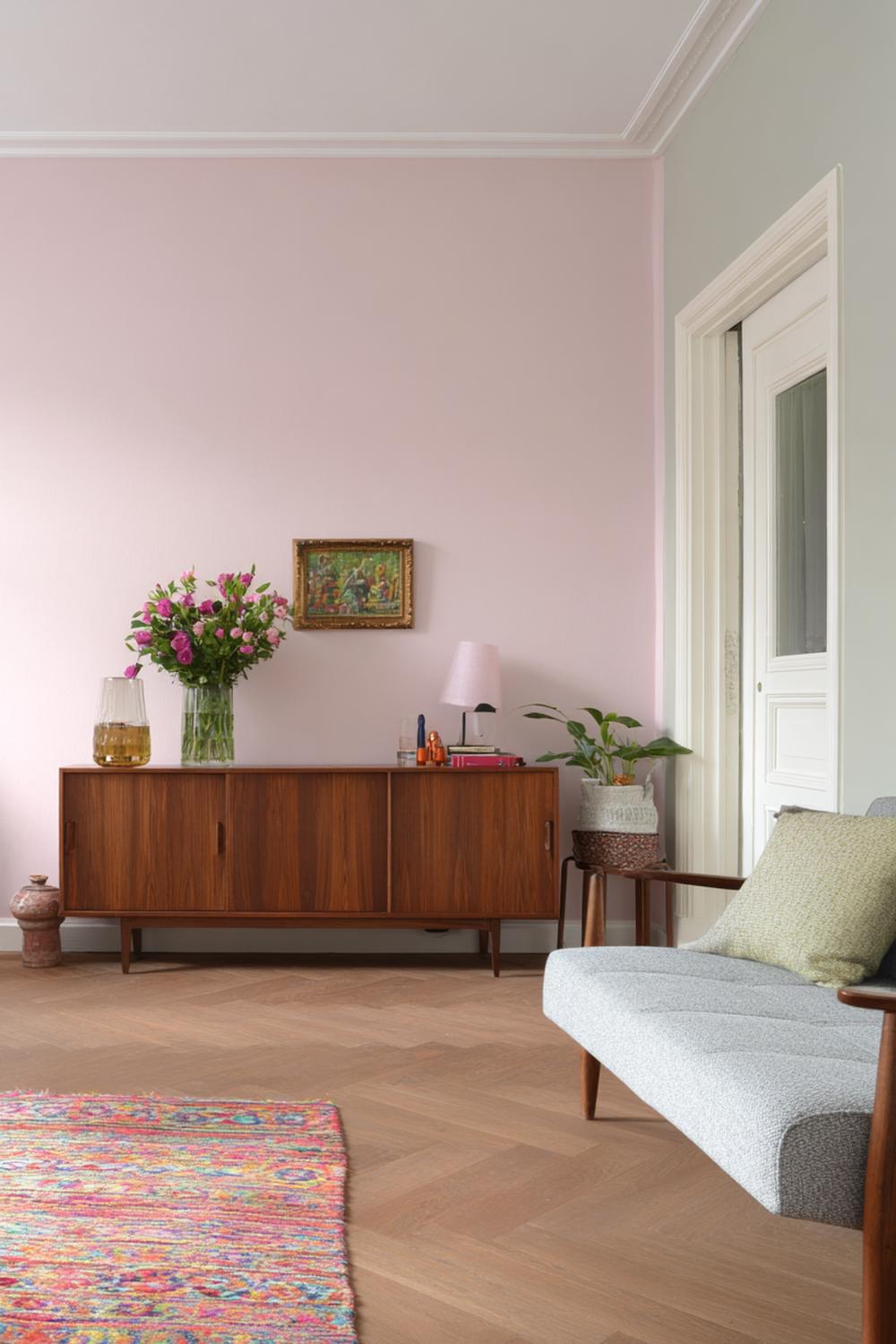5. Kleurrijke woonkamers met pastelroze muur en walnoot sideboard