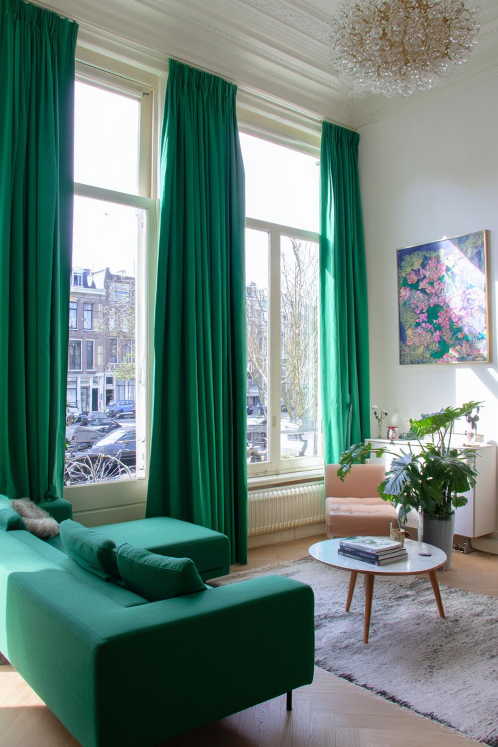 6. Kleurrijke woonkamers met smaragdgroene gordijnen en wit plafond