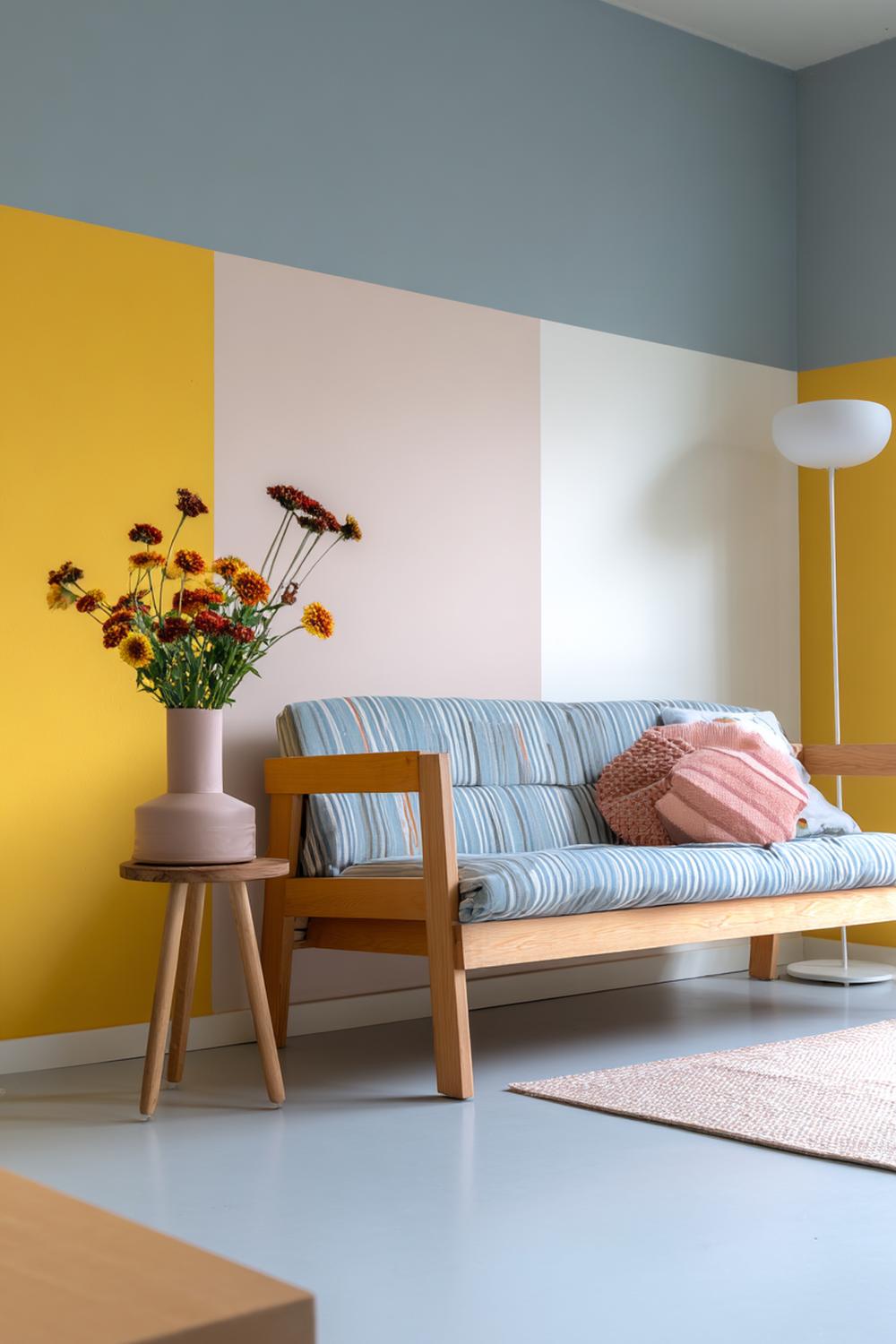 9. Kleurrijke woonkamers met kleurblokken op de muur en lichte houten bank