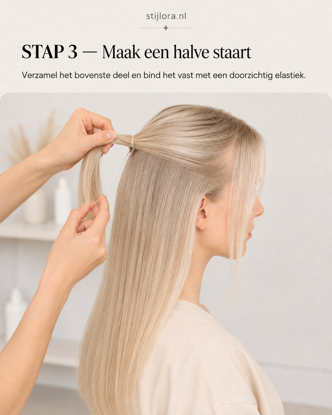 Het bovenste haardeel wordt samengebonden met een doorzichtig elastiek voor de halve staart