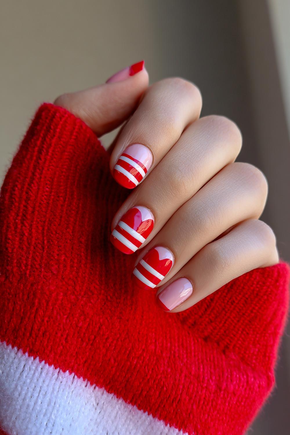 6. Nagels valentijn met minimalistische rode streepjes en één hart