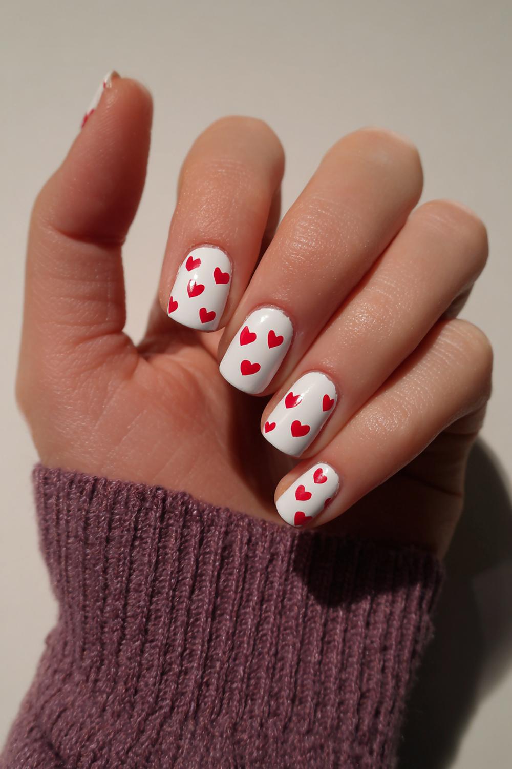 7. Nagels valentijn met witte basis en kersenrode hartstempel
