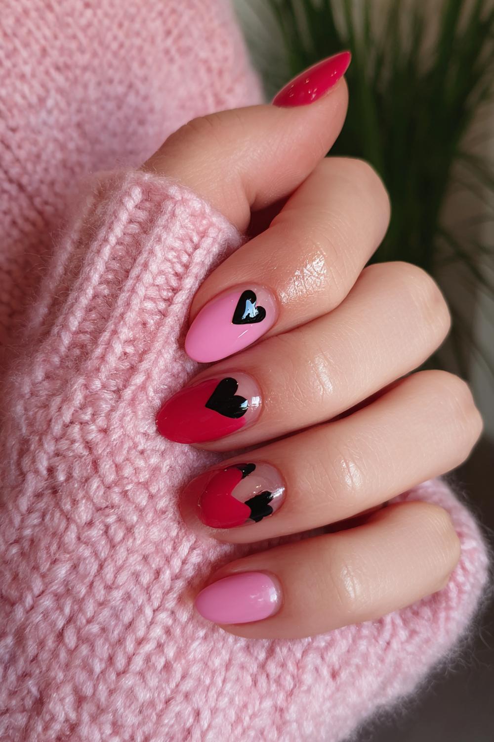 9. Nagels valentijn met zwarte microdetails op transparant roze