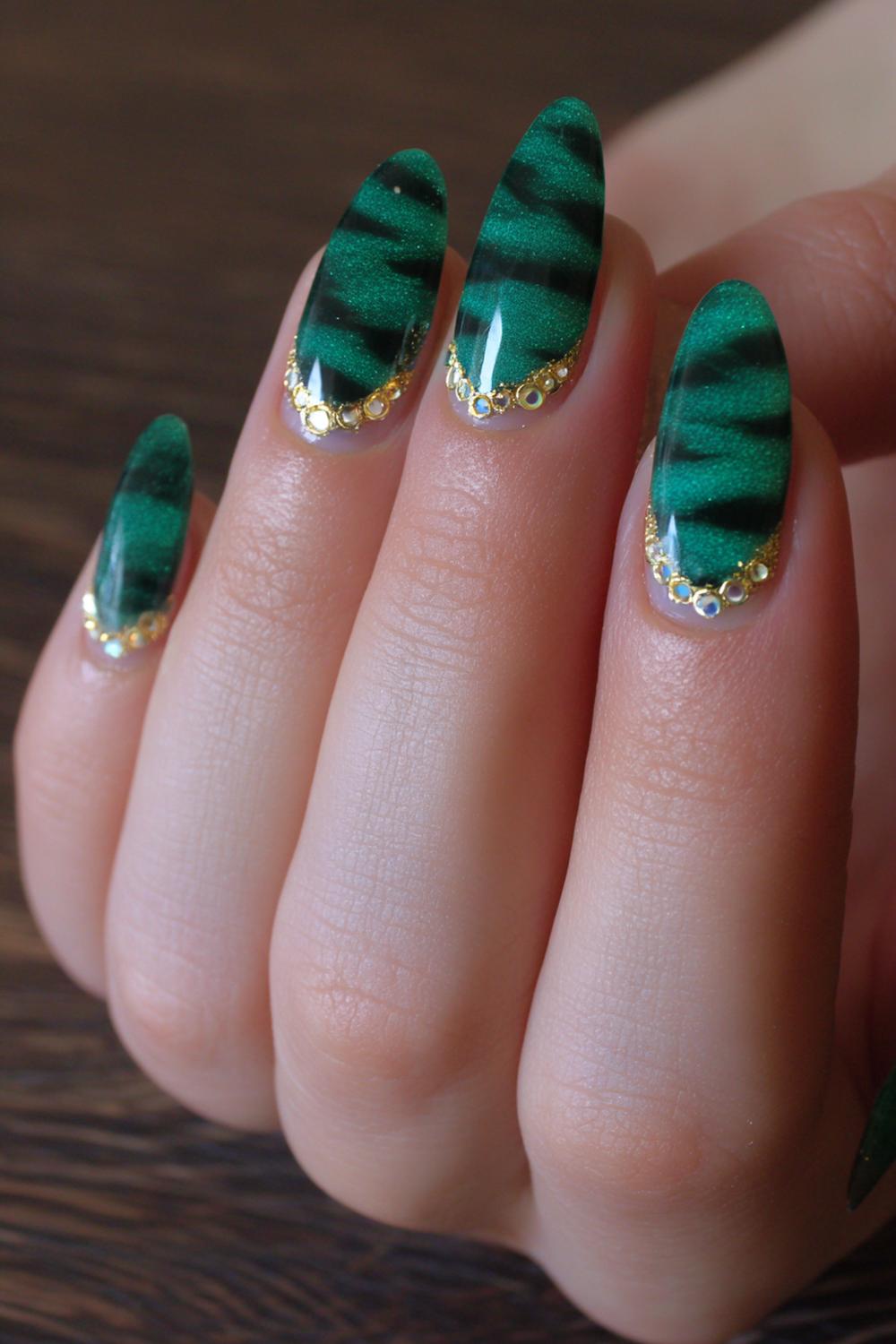 8. Nail art 2026 cat-eye fluweel in smaragd met gouden rand