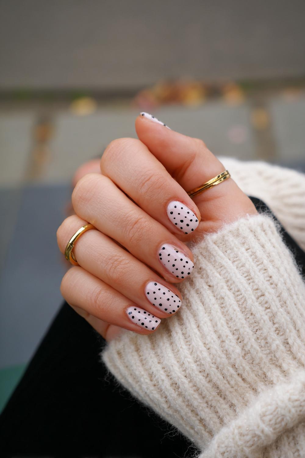 10. Nail inspo 2026: Minimalistische stippenmanicure in zand en zwart