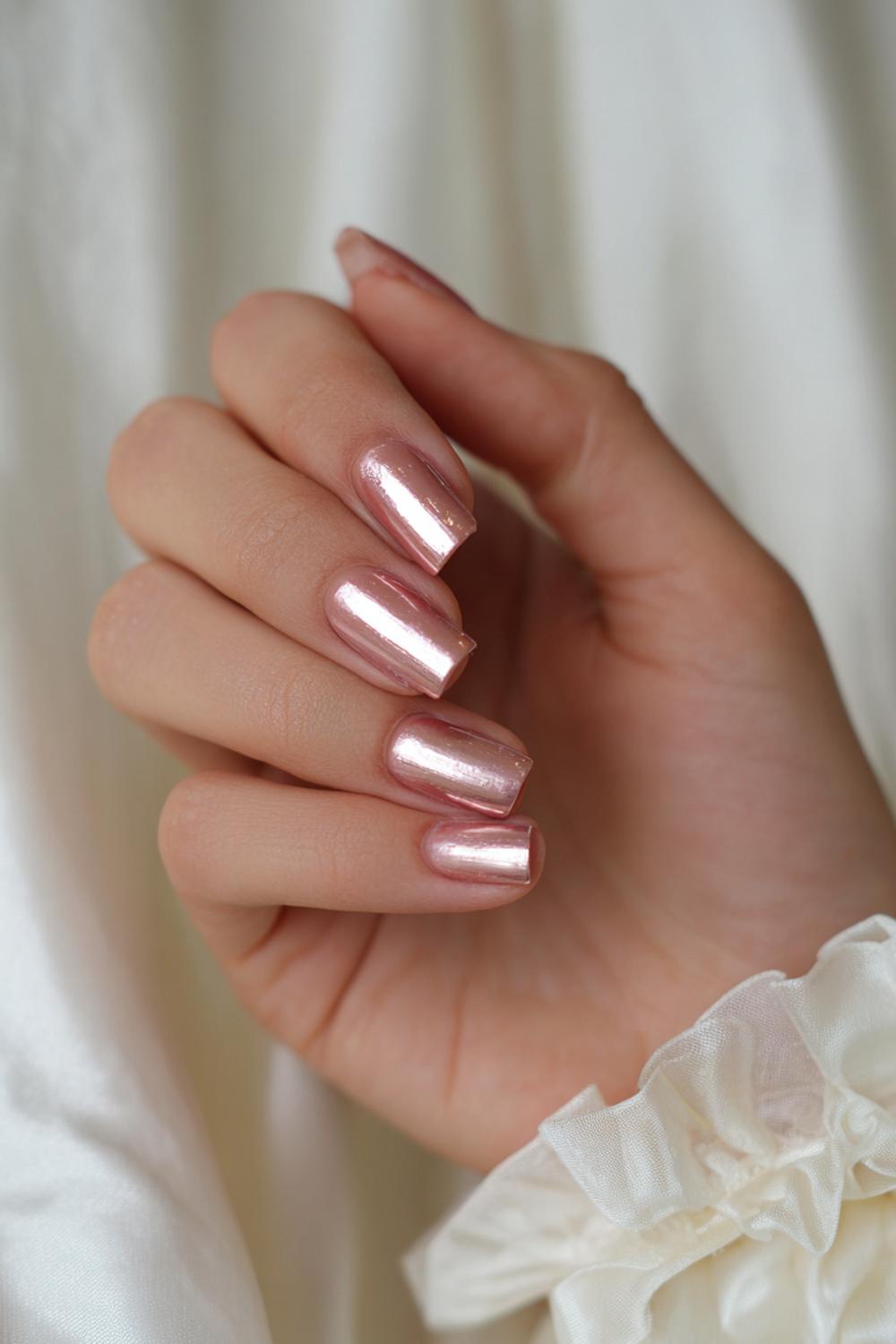 8. Nail inspo 2026: Champagne chrome op korte square met zachte rand