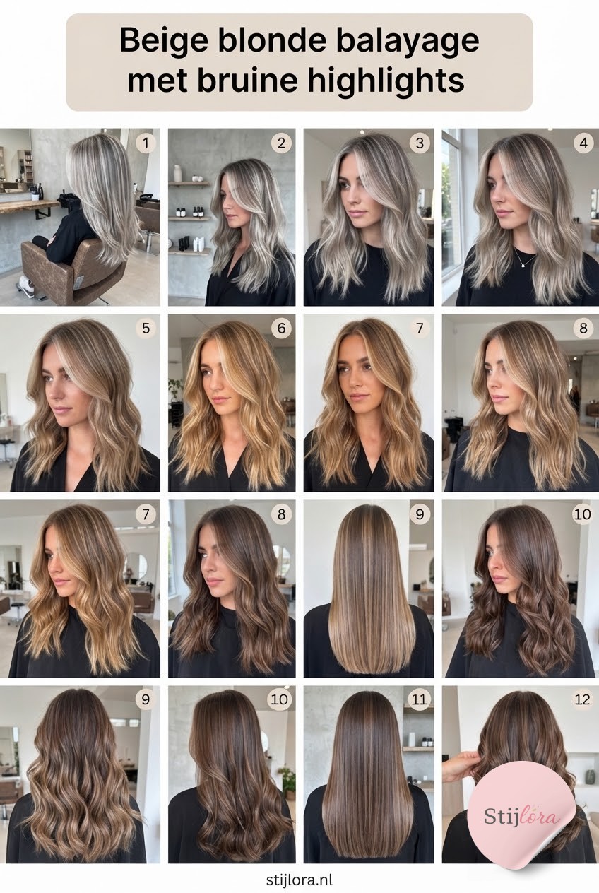 Beige blonde balayage met bruine highlights