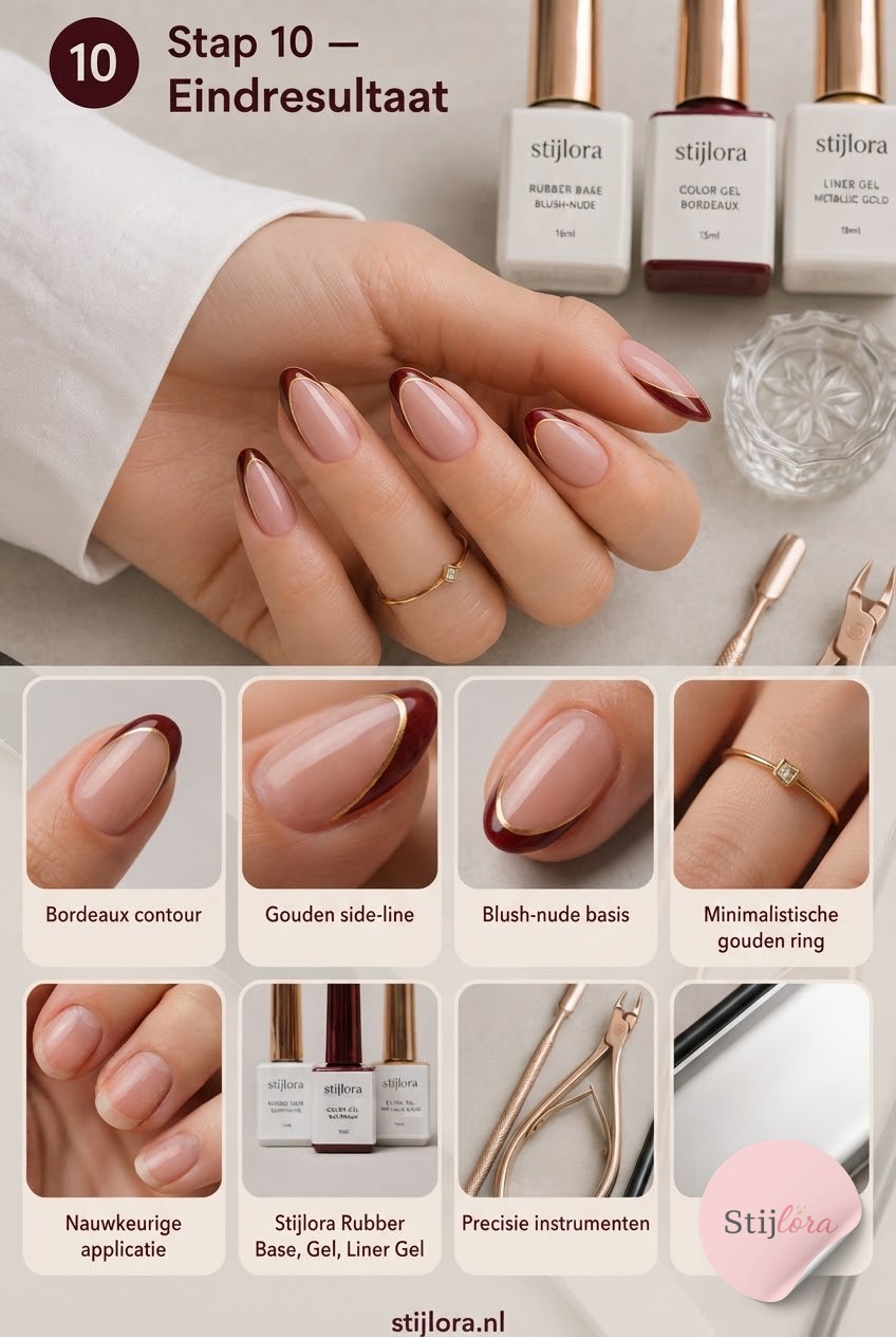 Bordeaux nagels met gouden swirl design