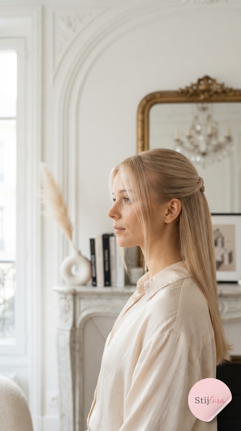Mooie milky blonde halfup look