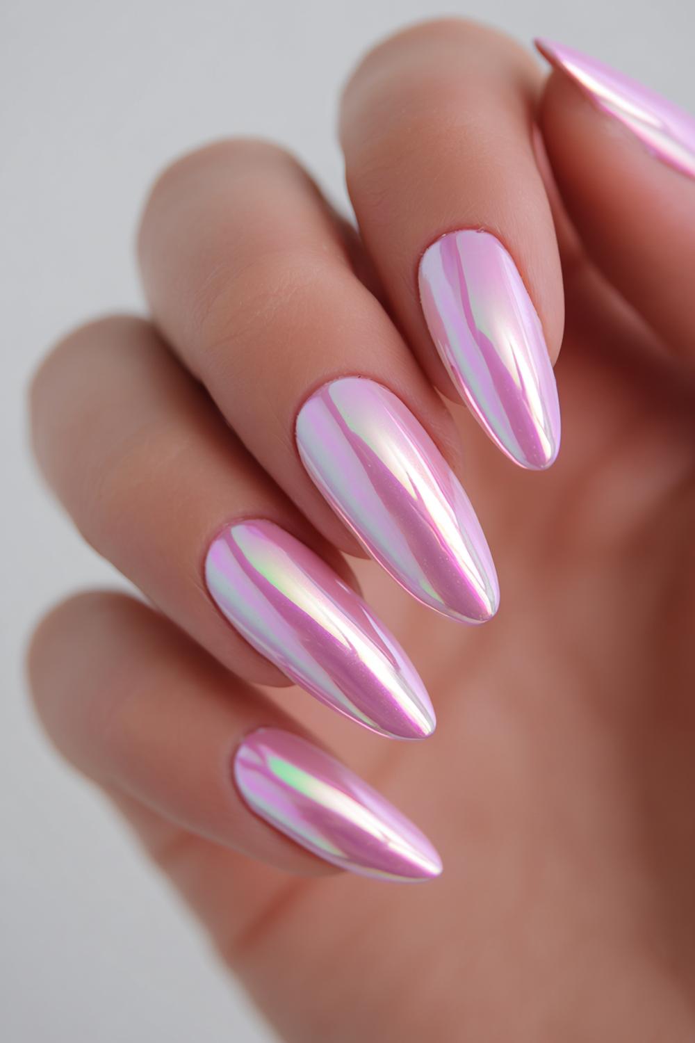 5. Parelmoer-chrome paznokcie wiosenne met roze reflectie