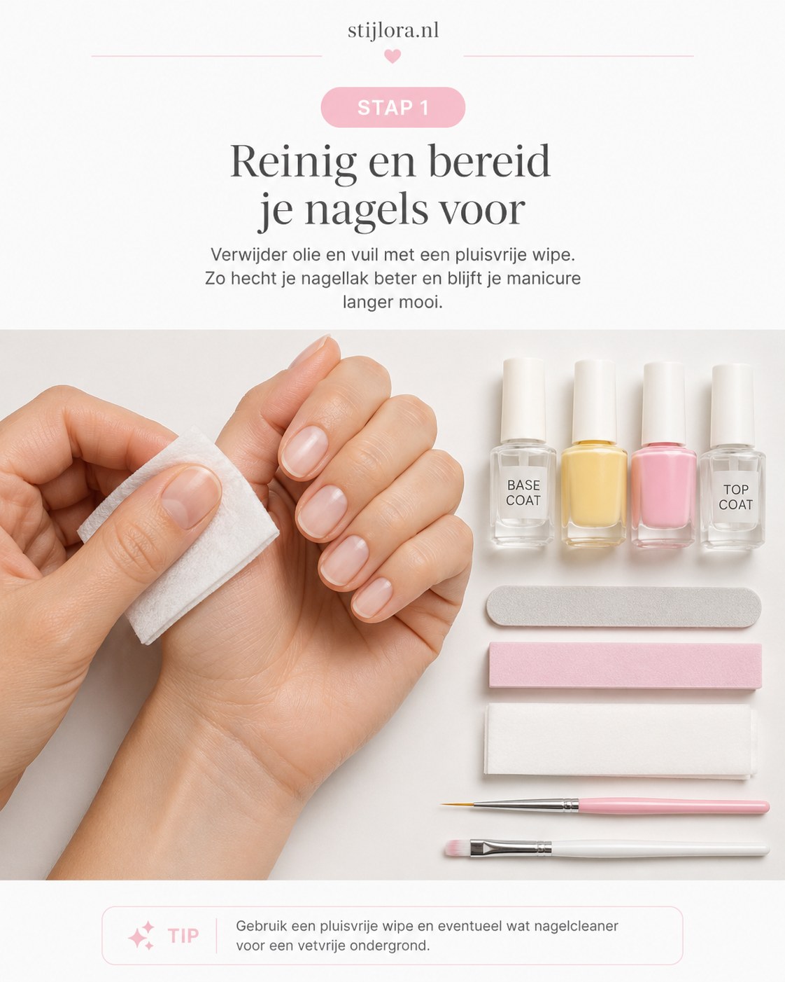 Nagels reinigen met een pluisvrije wipe als eerste stap richting roze gestreepte nagels voor de zomer