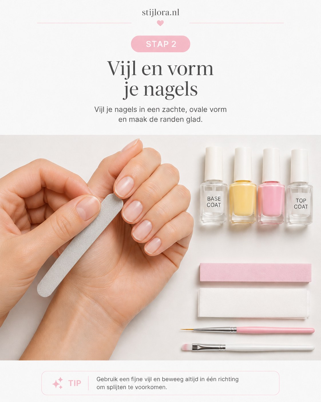 Nagels vijlen in een zachte ovale vorm als basis voor mooie roze gestreepte nagels