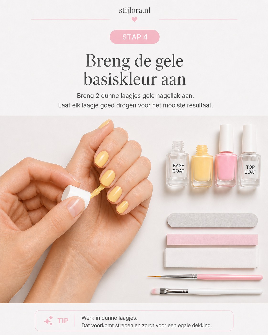 Twee dunne laagjes zonnig gele nagellak als ondergrond voor de roze gestreepte nagels
