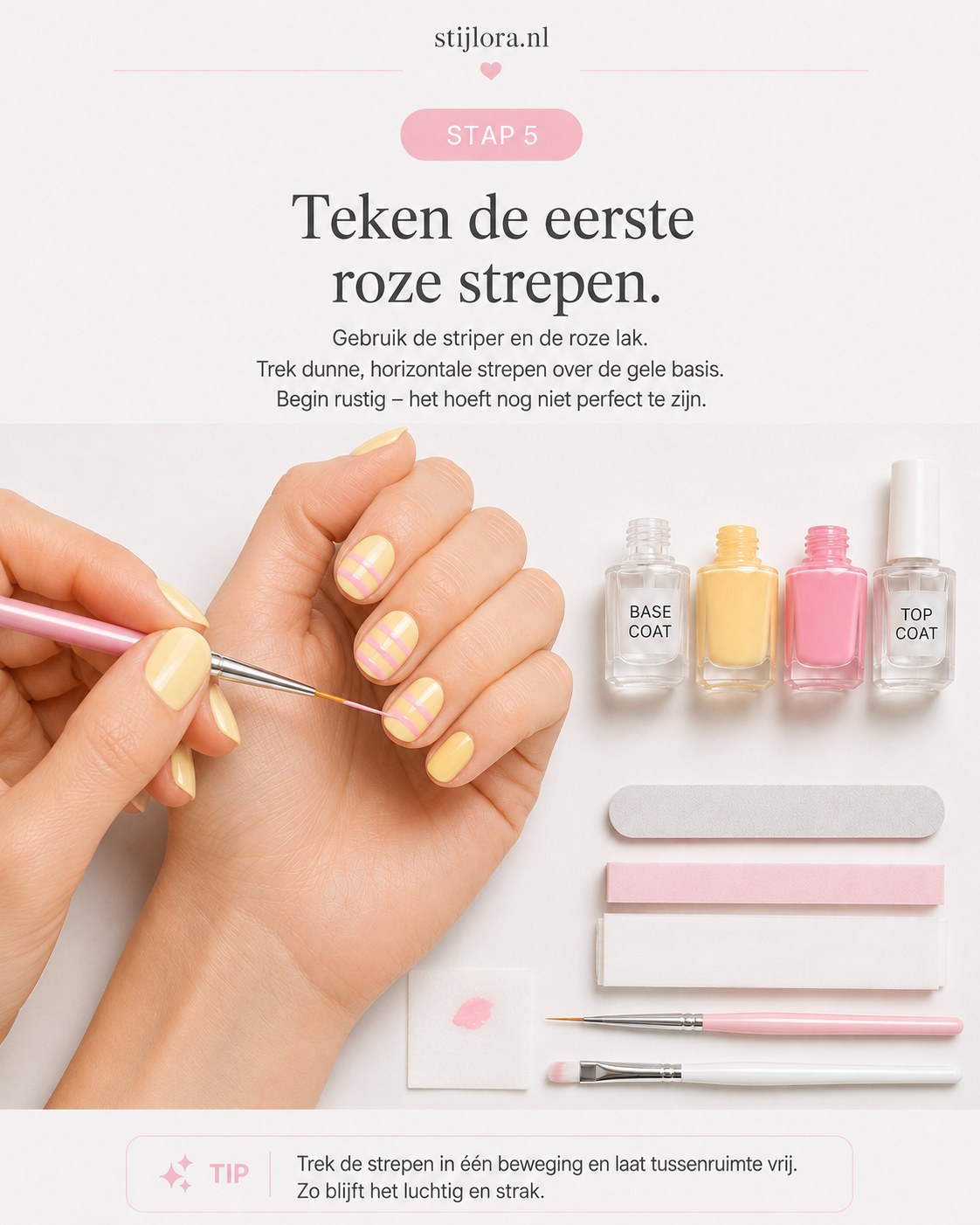 De eerste dunne roze strepen worden met een striper getekend over de gele basis