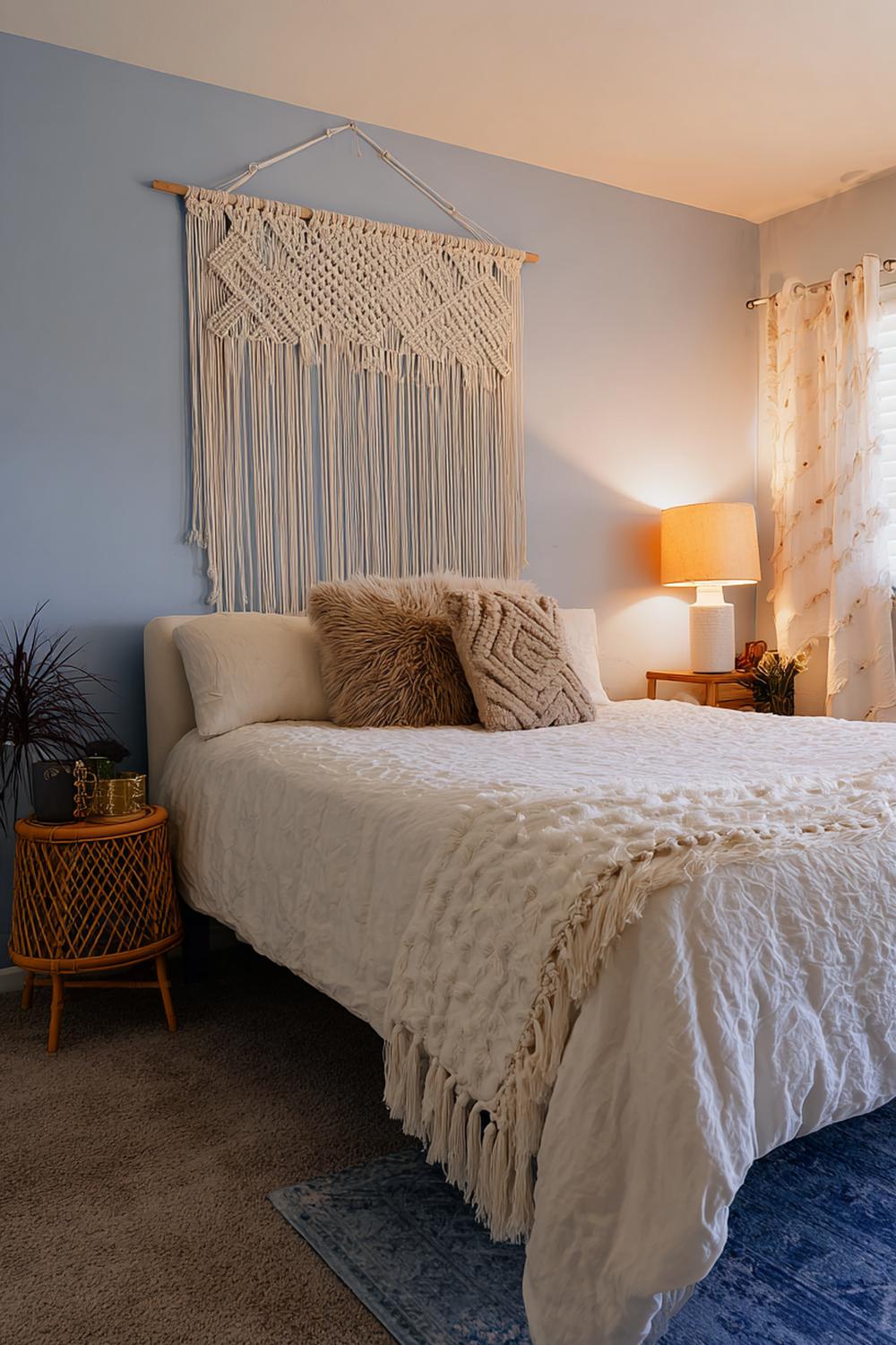 4. Slaapkamer inspiratie met boho rotan en macramé accentwand