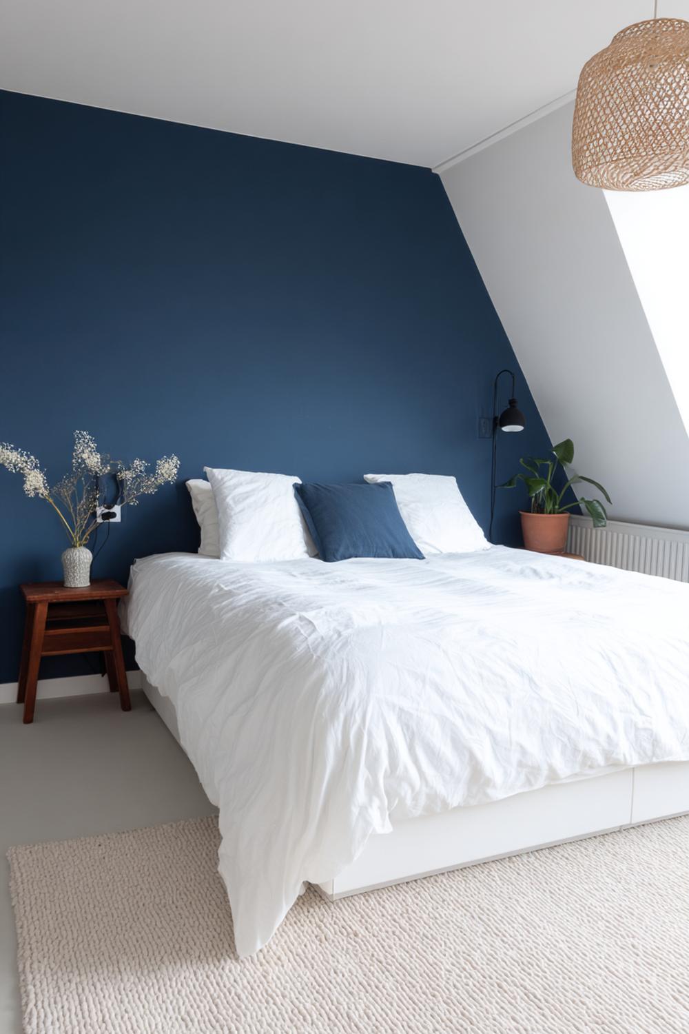 7. Slaapkamer inspiratie met diepe nachtblauwe muur en wit beddengoed