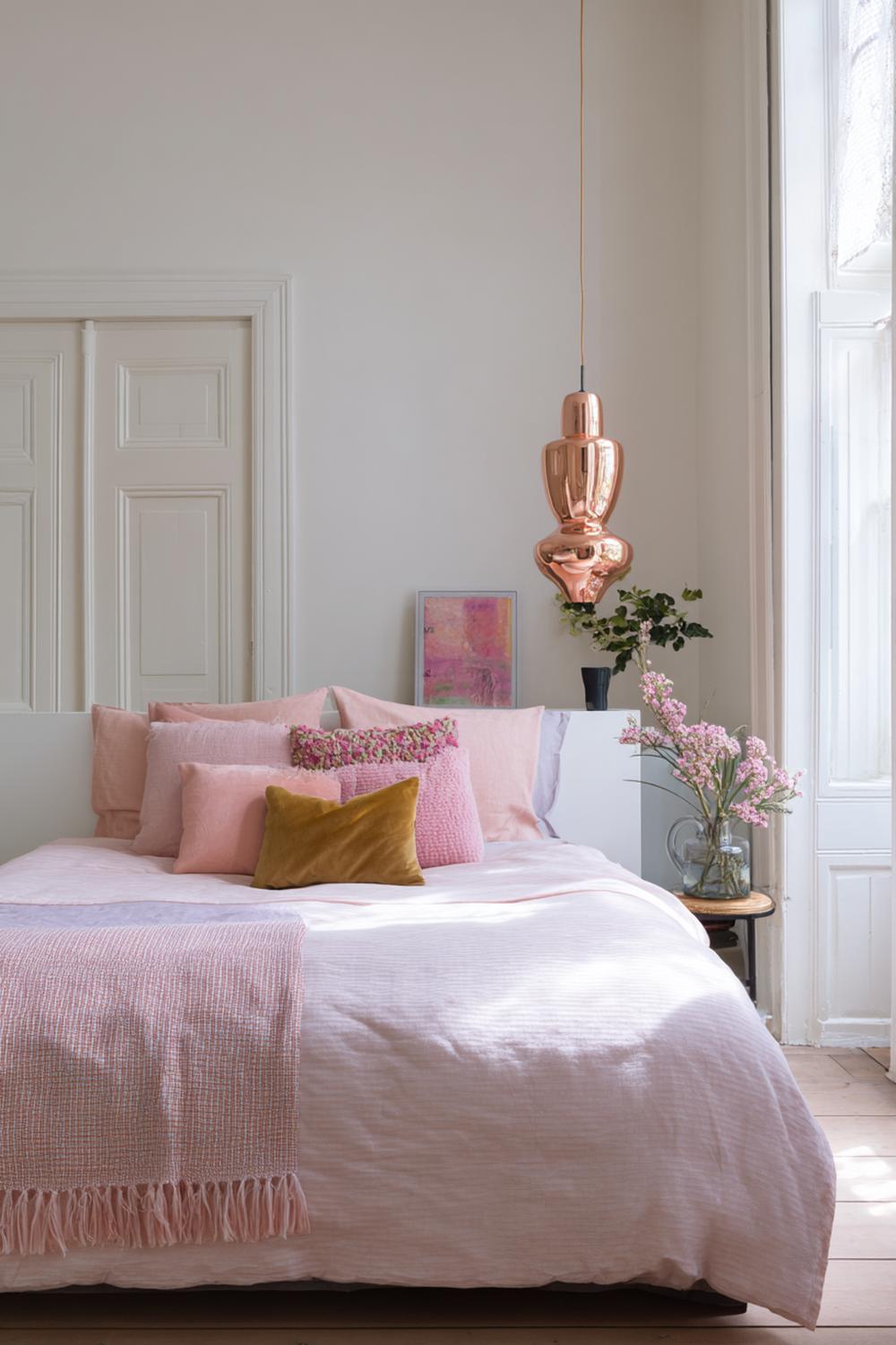 9. Slaapkamer inspiratie met blush roze en koperkleurige lampen