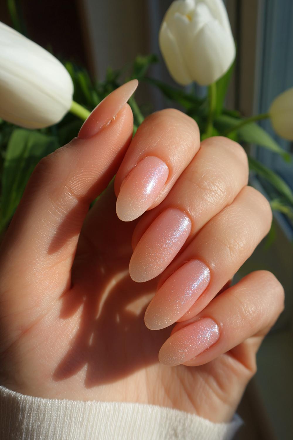 5. Spring nails met perzik-nude ombré en subtiele parelglans