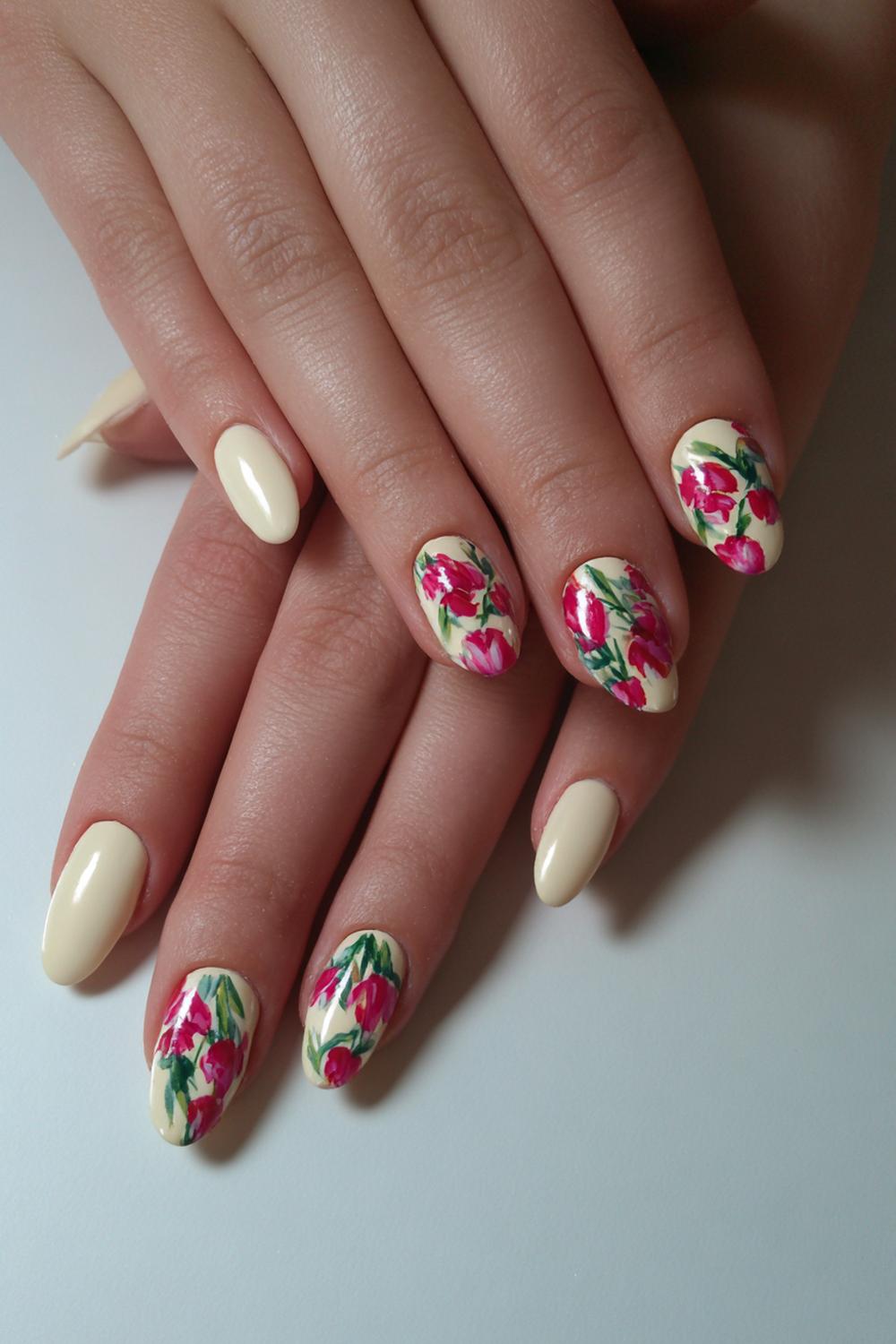 8. Spring nails met tulpenmotief en crème achtergrond