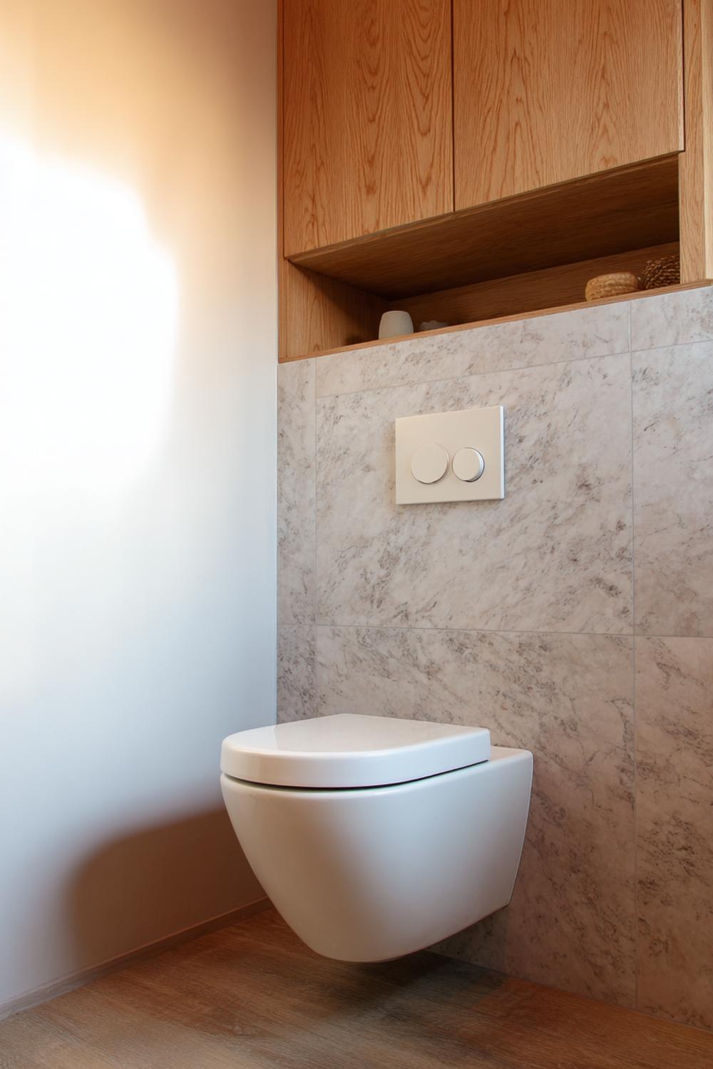 1. Toilet inspiratie met Japandi hout en warme steen