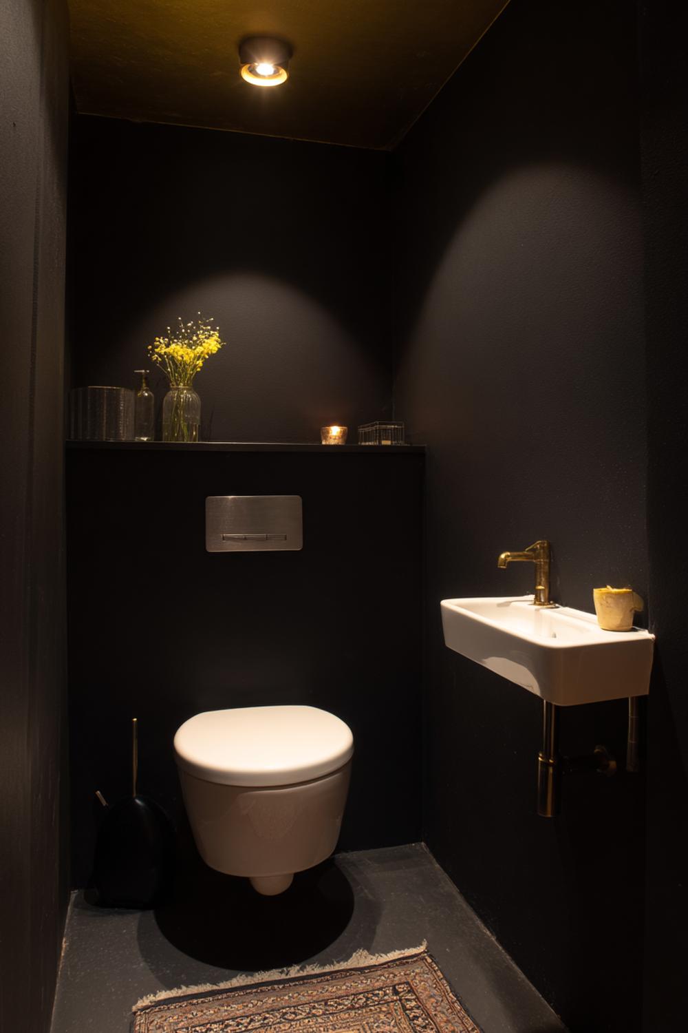 10. Toilet inspiratie met donkere plafondkleur en goudkleurige spotjes
