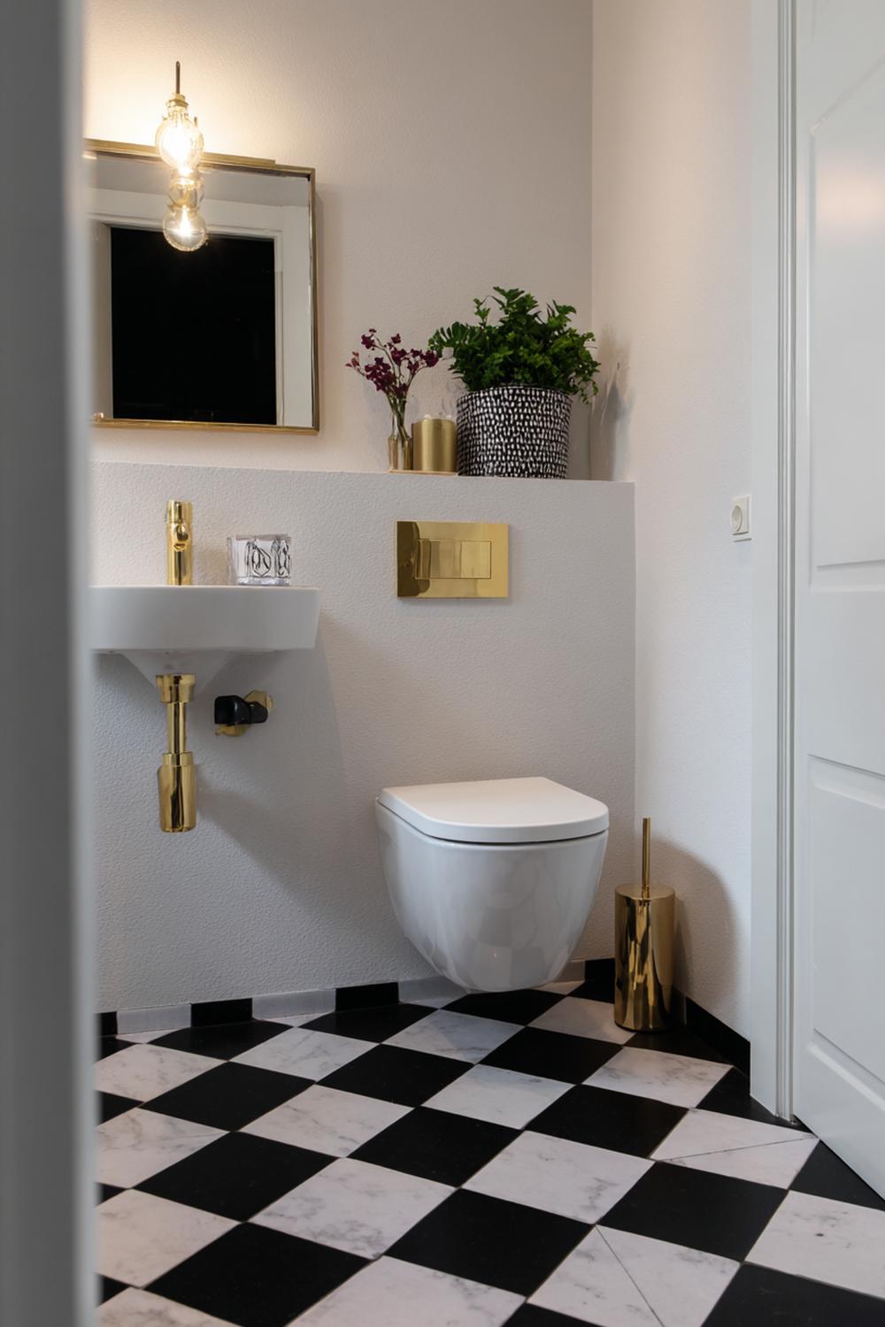 2. Toilet inspiratie met zwart-wit grafische tegels en messing